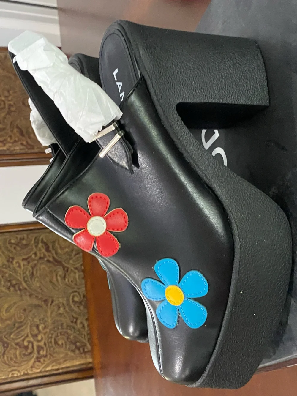 Black Platform Mary Janes with Blue & Red Floral Accents